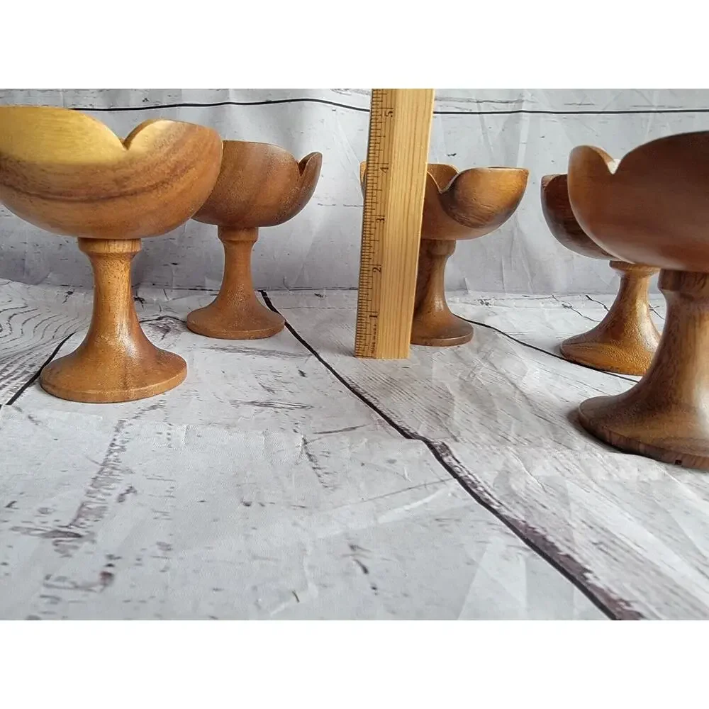 Set Of 5 Vintage Teakwood Pedestal Dessert Servers cups Boho Style Tropic Summer